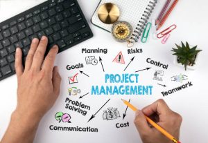 project management Concept. Chart with keywords and icons. hands on working desk doing business