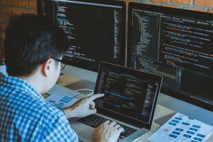 developer programming and coding technology. Website design Safety of the social world Cyberspace concept.